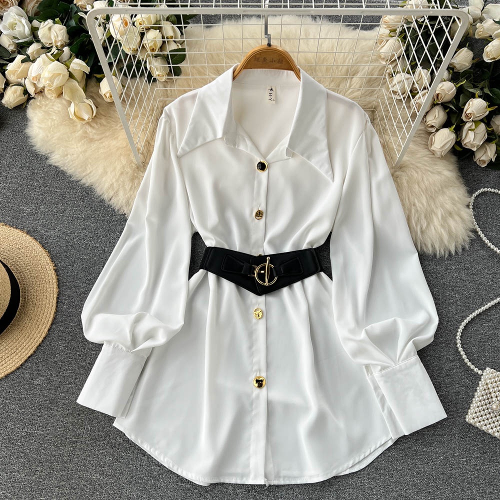 Belted Shirt Dress - Ele Long Sve White irt Dr