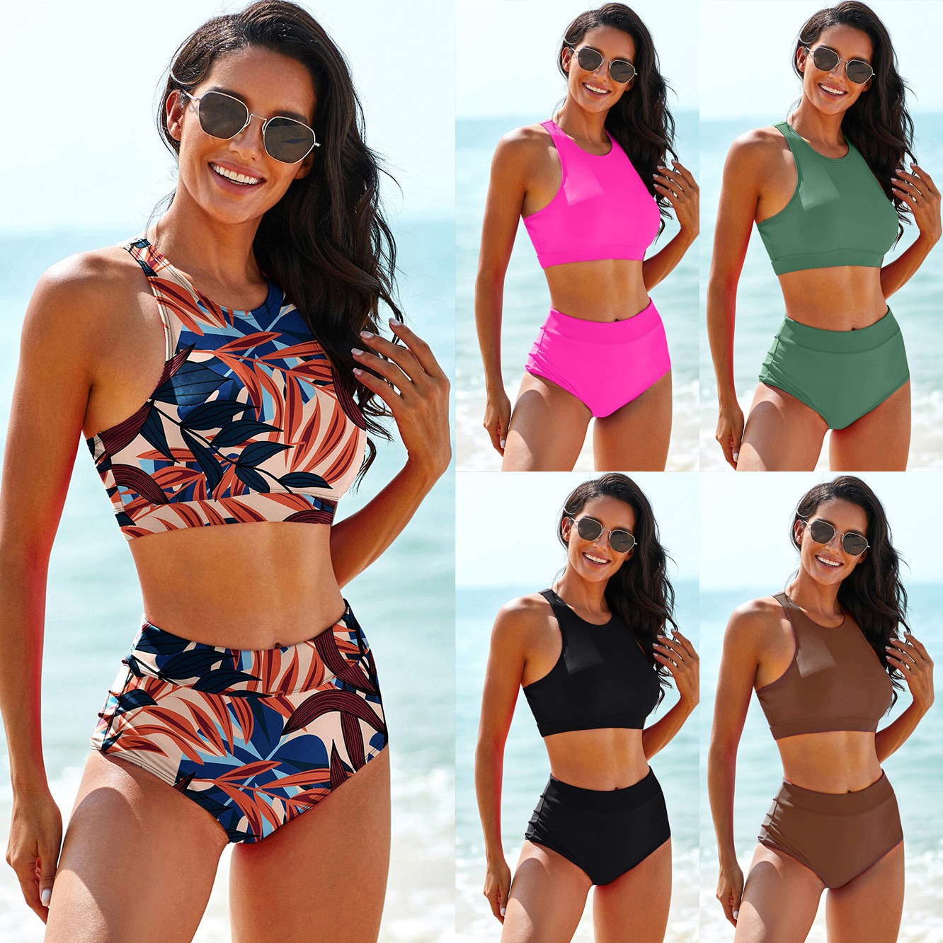 Crop Top Women - Woman Swimsuits Solid Color Tankini Tropical