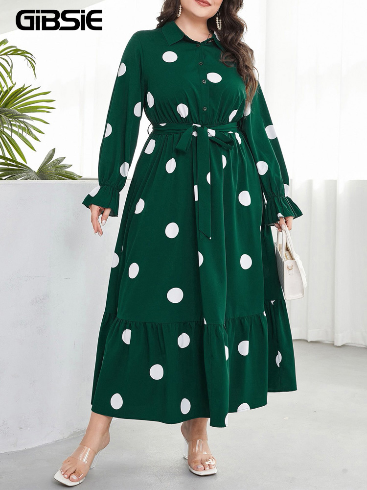 Belted Shirt Dress - GIBSIE Plus Size Polka Dot Half