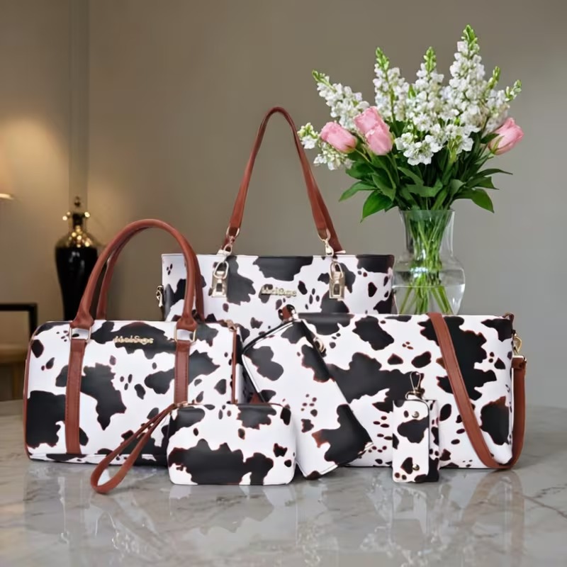 Women Fashion Handbags - 6-piece PU Fashion Cow-pattern Tote Bag