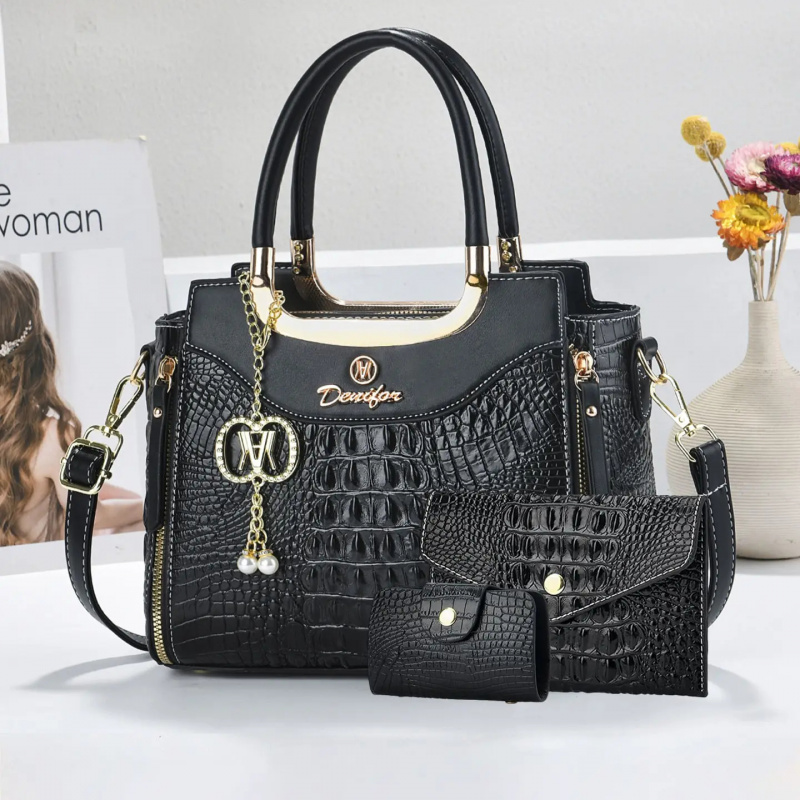 Women Fashion Handbags - Women's Crocodile Texture Handbag Set, 3-Piece
