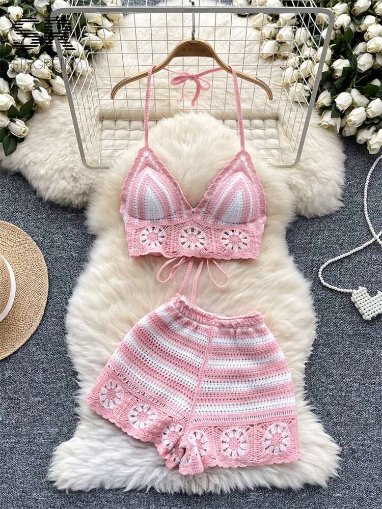 Beach Vacation Knit 2pcs Suits - V Neck Cami Top review and price