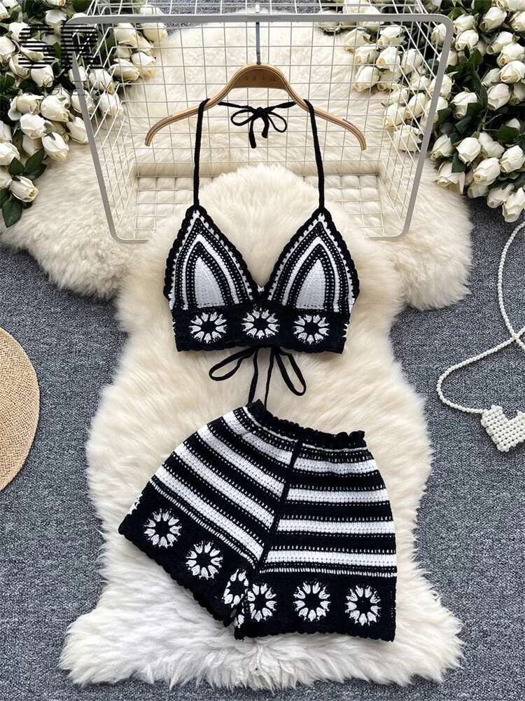 Beach Vacation Knit 2pcs Suits - V Neck Cami Top review and price