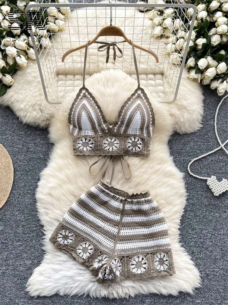 Beach Vacation Knit 2pcs Suits - V Neck Cami Top review and price