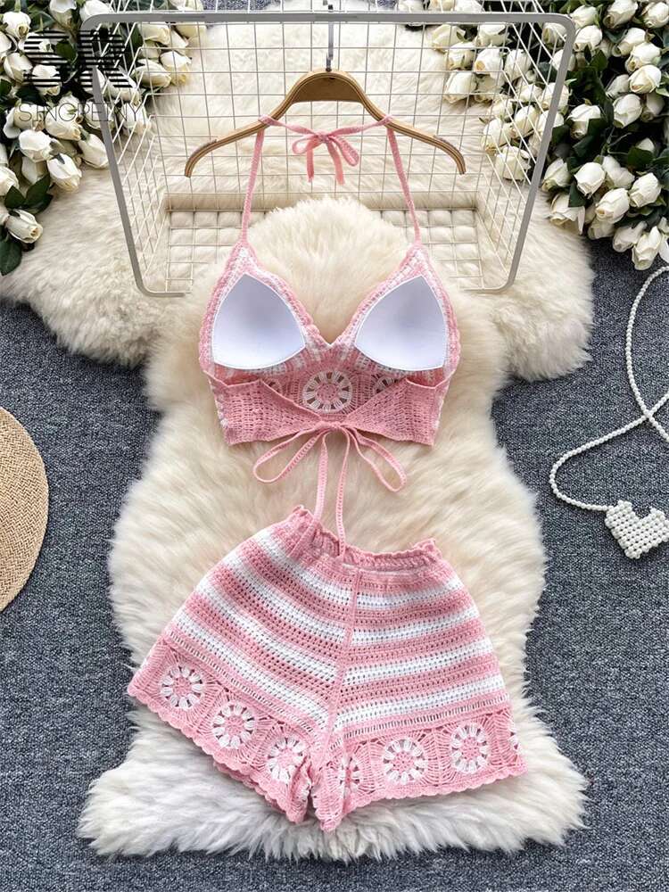Beach Vacation Knit 2pcs Suits - V Neck Cami Top review and price