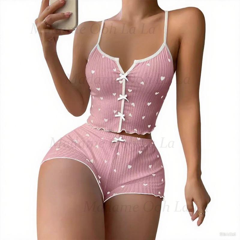 Sexy Heart Print Pajama Set fo - V Neck Cami Top review and price