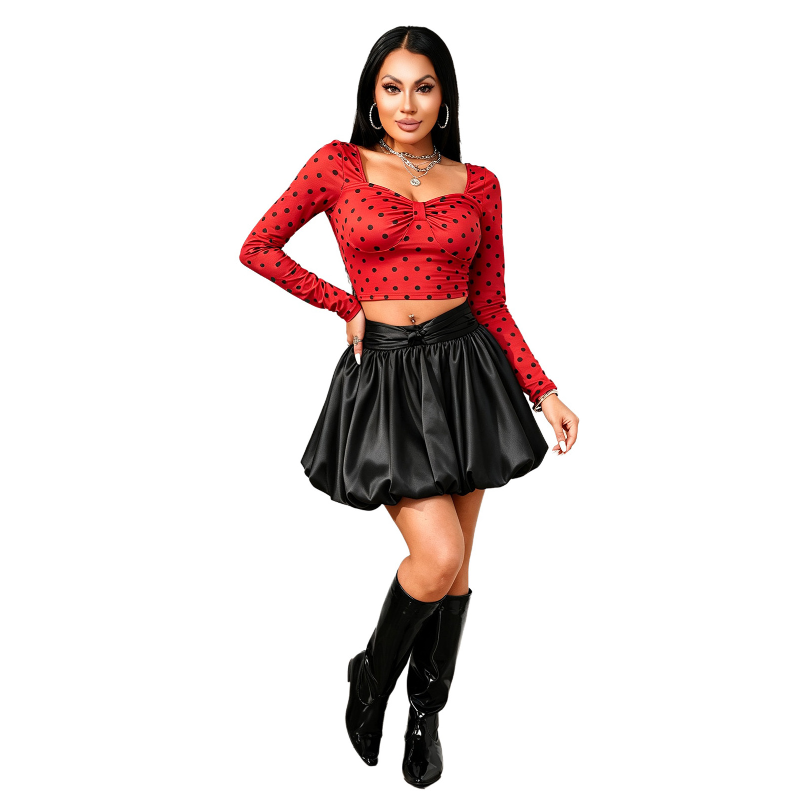 Womens Long Sleeve Polka Dot C - Crop Top Women review and price
